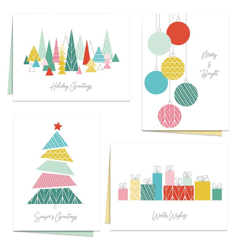 Canopy Street Modern Pattern Holiday Card Pack / 24 Cards With White Envelopes / 4 Fun Vibrant Winter Designs / 4 5/8" x 6 1/4" Festive Christmas Note Cards - Image 1